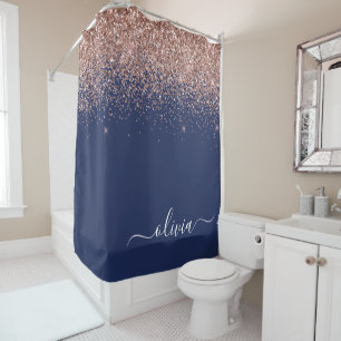 Navy Blue Rose Gold Blush Pink Glitter Monogram