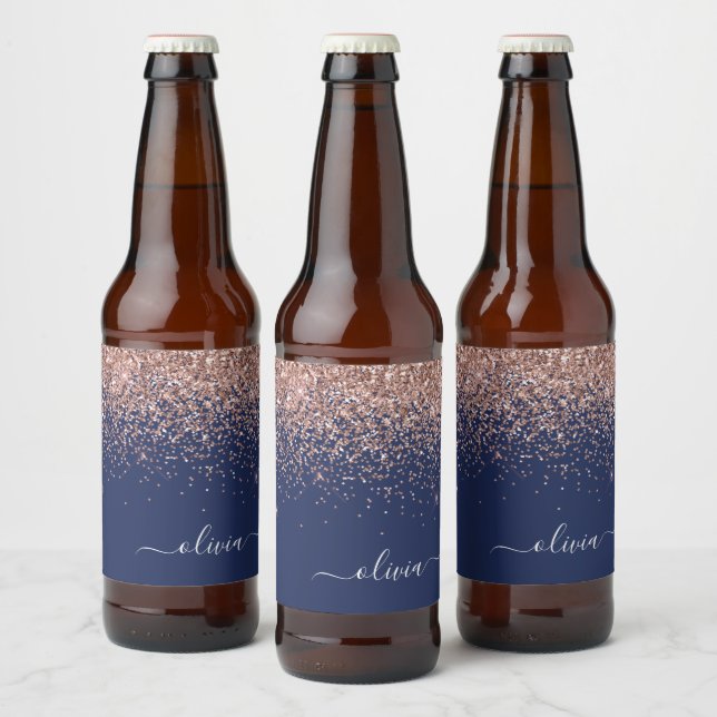 Navy Blue Rose Gold Blush Pink Glitter Monogram Beer Bottle Label (Bottles)