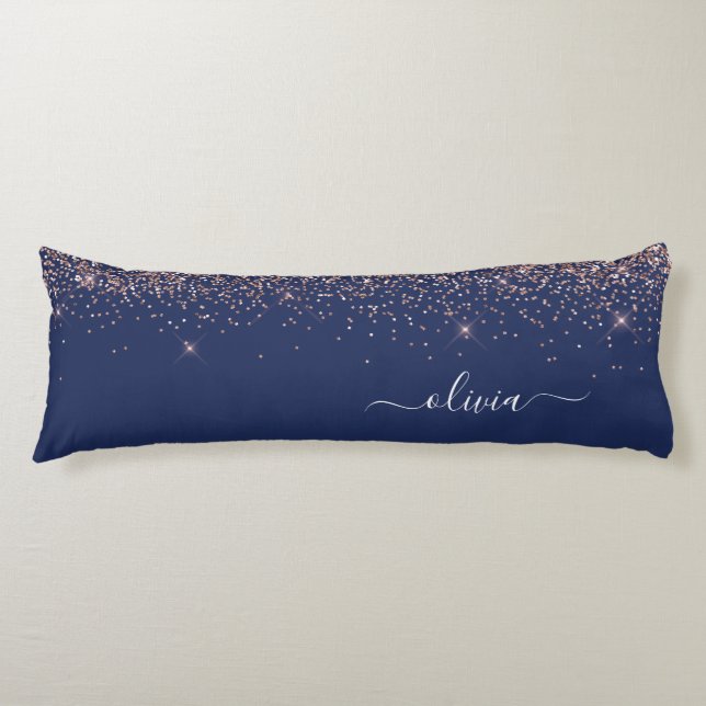Navy Blue Rose Gold Blush Pink Glitter Monogram Body Pillow (Front)