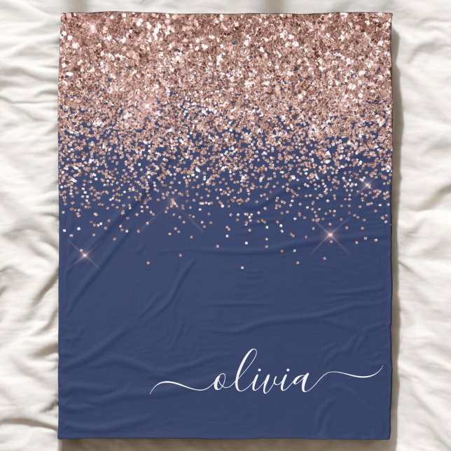 Navy Blue Rose Gold Blush Pink Glitter Monogram Fleece Blanket (Creator Uploaded)