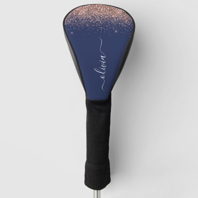 Navy Blue Rose Gold Blush Pink Glitter Monogram Golf Head Cover (Front)