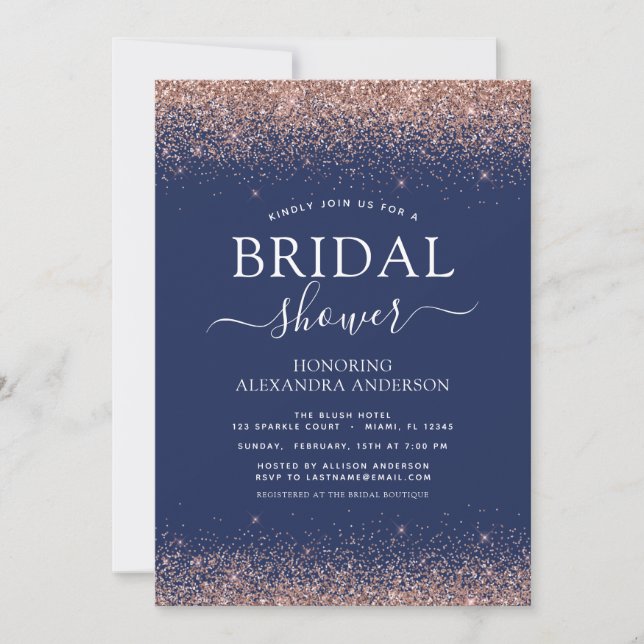 Navy Blue Rose Gold Blush Pink Glitter Monogram Invitation (Front)