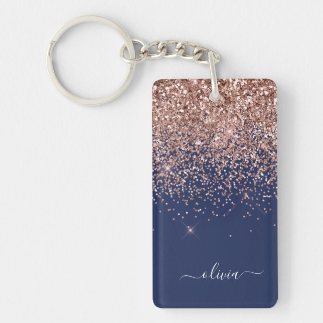 Navy Blue Rose Gold Blush Pink Glitter Monogram Keychain (Front)