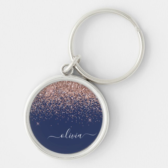Navy Blue Rose Gold Blush Pink Glitter Monogram Keychain (Front)