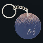 Navy Blue Rose Gold Blush Pink Glitter Monogram  Keychain<br><div class="desc">Navy Blue and Rose Gold - Blush Pink Sparkle Glitter Script Monogram Name Keychain. This makes the perfect sweet 16 birthday,  wedding,  bridal shower,  anniversary,  baby shower or bachelorette party gift for someone that loves glam luxury and chic styles.</div>