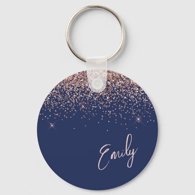 Navy Blue Rose Gold Blush Pink Glitter Monogram Keychain (Front)