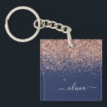 Navy Blue Rose Gold Blush Pink Glitter Monogram Keychain<br><div class="desc">Navy Blue and Rose Gold Blush Pink Faux Foil Sparkle Glitter Script Monogram Name Keychain. This makes the perfect sweet 16 birthday,  wedding,  bridal shower,  anniversary,  baby shower or bachelorette party gift for someone that loves glam luxury and chic styles.</div>