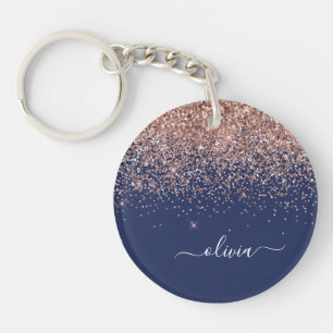 Navy Blue Rose Gold Blush Pink Glitter Monogram Keychain