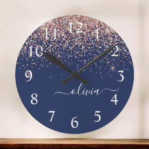 Navy Blue Rose Gold Blush Pink Glitter Monogram Large Clock