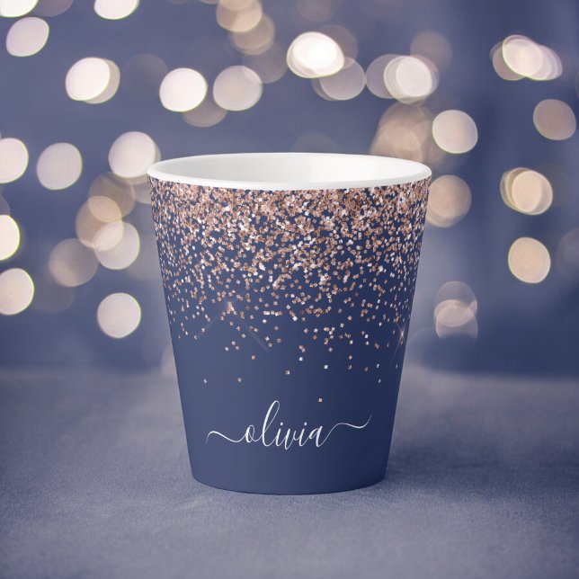 Navy Blue Rose Gold Blush Pink Glitter Monogram Latte Mug (Creator Uploaded)