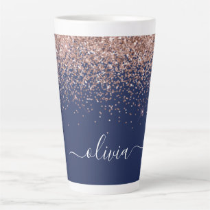 Navy Blue Rose Gold Blush Pink Glitter Monogram Latte Mug