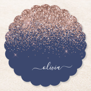 Navy Blue Rose Gold Blush Pink Glitter Monogram Paper Coaster
