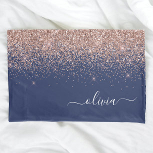 Navy Blue Rose Gold Blush Pink Glitter Monogram Pillowcase