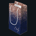 Navy Blue Rose Gold Blush Pink Glitter Monogram Small Gift Bag<br><div class="desc">Navy Blue and Rose Gold - Blush Pink Glitter Script Monogram Name Gift Bag. This makes the perfect sweet 16 birthday,  wedding,  bridal shower,  anniversary,  baby shower or bachelorette party gift bag for someone that loves glam luxury and chic styles.</div>