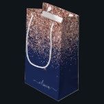 Navy Blue Rose Gold Blush Pink Glitter Monogram Small Gift Bag<br><div class="desc">Navy Blue and Rose Gold - Blush Pink Glitter Script Monogram Name Gift Bag. This makes the perfect sweet 16 birthday,  wedding,  bridal shower,  anniversary,  baby shower or bachelorette party gift bag for someone that loves glam luxury and chic styles.</div>