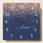 Navy Blue Rose Gold Blush Pink Glitter Monogram Square Wall Clock<br><div class="desc">Rose Gold - Blush Pink and Navy Blue Sparkle Glitter Script Monogram Name Clock. This makes the perfect sweet 16 birthday,  wedding,  bridal shower,  anniversary,  baby shower or bachelorette party gift for someone that loves glam luxury and chic styles.</div>