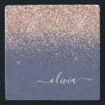 Navy Blue Rose Gold Blush Pink Glitter Monogram Stone Coaster<br><div class="desc">Navy Blue and Rose Gold - Blush Pink Sparkle Glitter Script Monogram Name Stone Tile. This makes the perfect graduation, sweet 16 birthday, wedding, bridal shower, anniversary, baby shower or bachelorette party gift for someone that loves glam luxury and chic styles.</div>