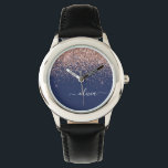 Navy Blue Rose Gold Blush Pink Glitter Monogram Watch<br><div class="desc">Navy Blue and Rose Gold - Blush Pink Sparkle Glitter Script Monogram Name Watch. This makes the perfect sweet 16 birthday,  wedding,  bridal shower,  anniversary,  baby shower or bachelorette party gift for someone that loves glam luxury and chic styles.</div>