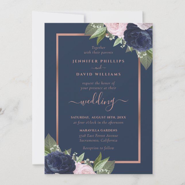 Navy Blue Rose Gold Blush Wedding Invitations (Front)