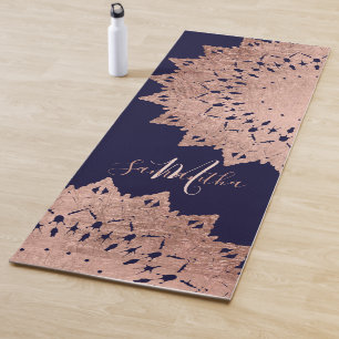 Navy blue rose gold boho mandala monogram yoga mat