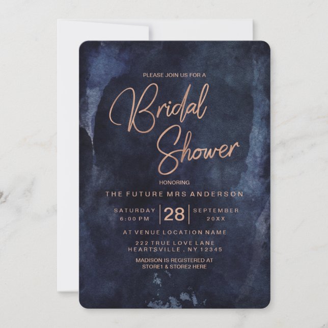 Navy Blue & Rose Gold Bridal Shower Invitation (Front)