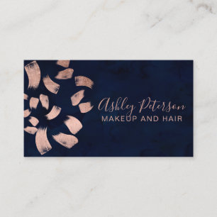 Navy blue rose gold brushstrokes makeup typography business card