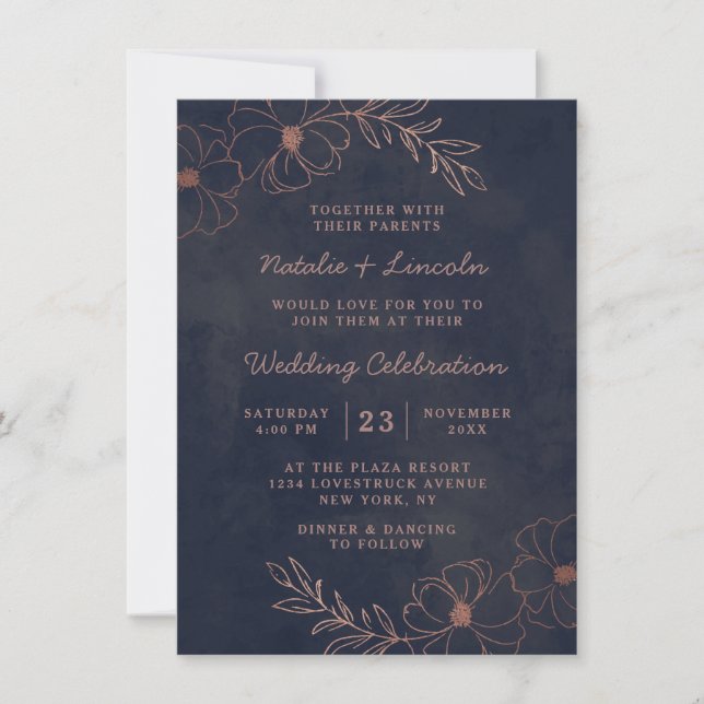 Navy Blue & Rose Gold Chic Floral Border Wedding Invitation (Front)