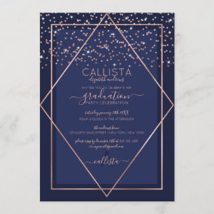 Navy Blue Rose Gold Confetti Border Graduation Invitation
