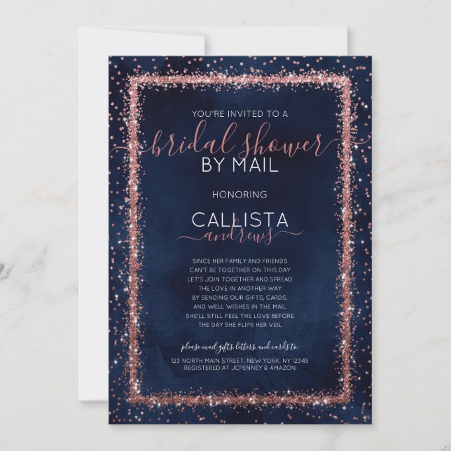 Navy Blue Rose Gold Confetti Bridal Shower by Mail Invitation (Front)