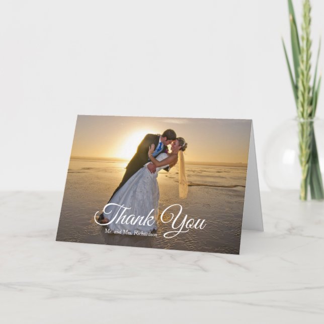 Navy Blue Rose Gold Copper Palm Tree Wedding Photo Thank You Card (Front)