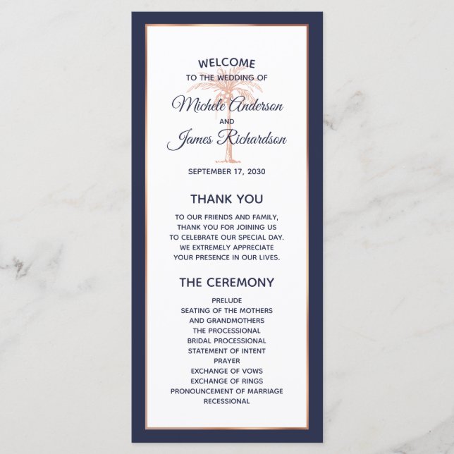 Navy Blue Rose Gold Copper Palm Tree Wedding Program (Front)