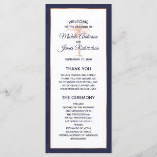 Navy Blue Rose Gold Copper Palm Tree Wedding Program