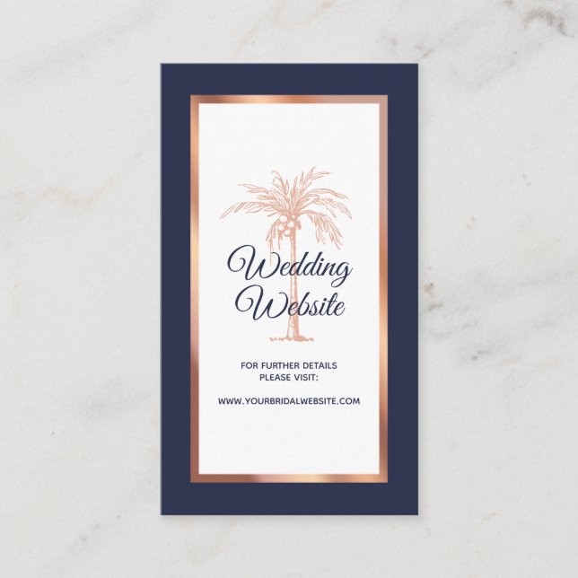 Navy Blue Rose Gold Copper Palm Wedding Website Enclosure Card (Front)