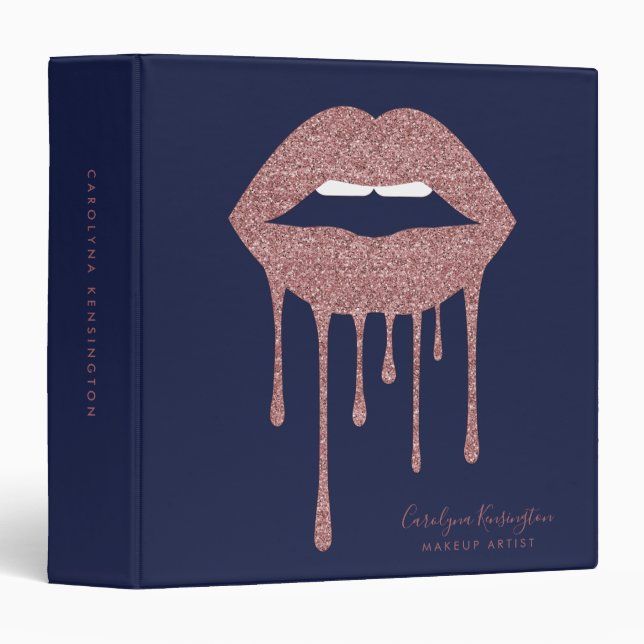 Navy Blue Rose Gold Dripping Glitter Lips Binder (Front/Spine)