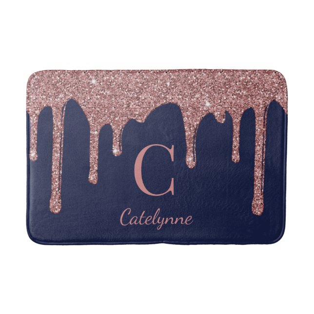 Navy Blue Rose Gold Dripping Glitter Monogram Bath Mat (Front)
