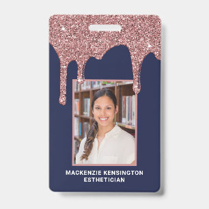 Navy Blue Rose Gold Dripping Glitter Photo Badge