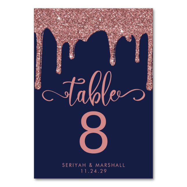 Navy Blue Rose Gold Dripping Glitter Wedding Table Number (Front)