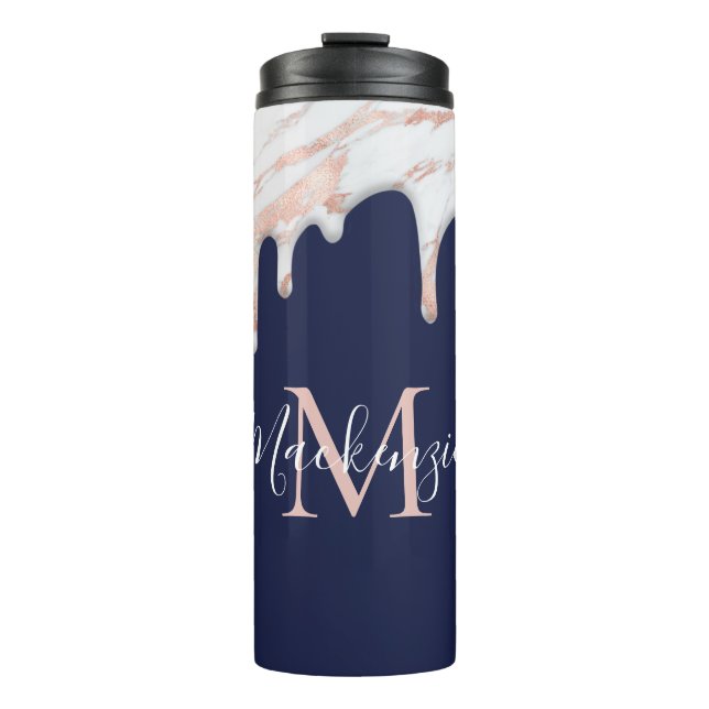 Navy Blue Rose Gold Dripping Marble Monogram Thermal Tumbler (Front)