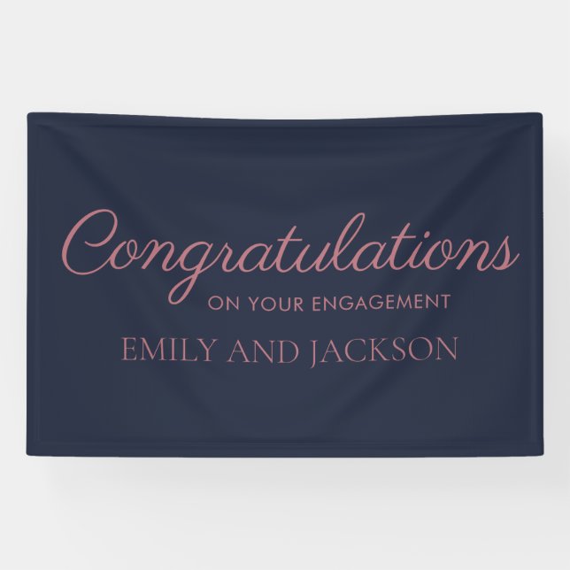 Navy Blue Rose Gold Elegant Script Engagement Banner (Horizontal)