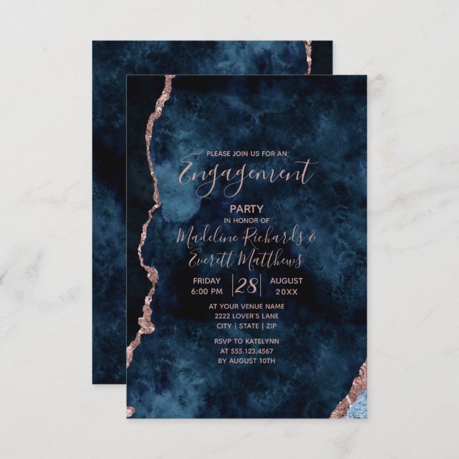 Navy Blue Rose Gold Engagement Party Invitation (Front/Back)