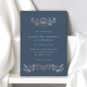 Navy Blue Rose Gold Floral 30th Birthday  Invitation