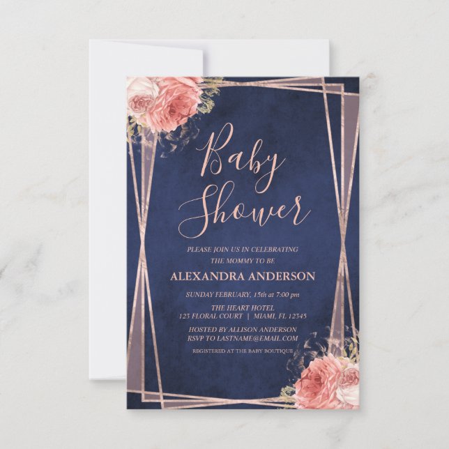 Navy Blue Rose Gold Floral Baby Shower Invitation (Front)