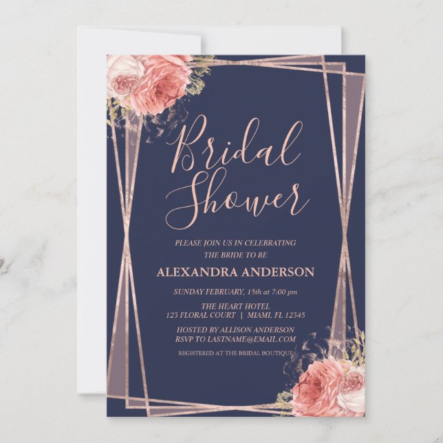 Navy Blue Rose Gold Floral Bridal Shower Invitation (Front)