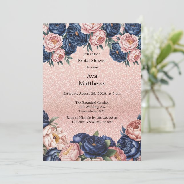 Navy Blue & Rose Gold Floral Bridal Shower Invitation (Standing Front)