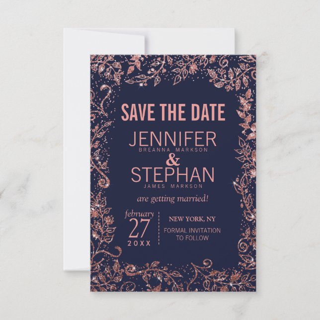 Navy Blue Rose Gold Floral Glitter Wedding Save The Date (Front)