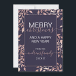 Navy Blue Rose Gold Floral Leaves Christmas Holiday Card<br><div class="desc">This elegant and modern corporate Christmas holiday greeting card is the perfect choice for a class family or couple. It features hand-drawn floral leaves clipped in faux printed rose gold foil on top of a dusty navy blue background with a matching pink rose border for the typography. It's chic, luxurious,...</div>