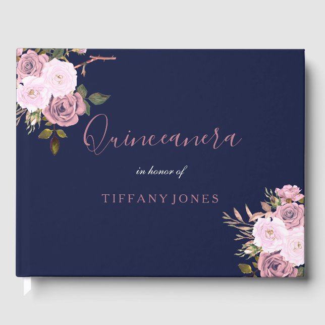 Navy Blue & Rose Gold Floral Quinceanera Guestbook (Front)