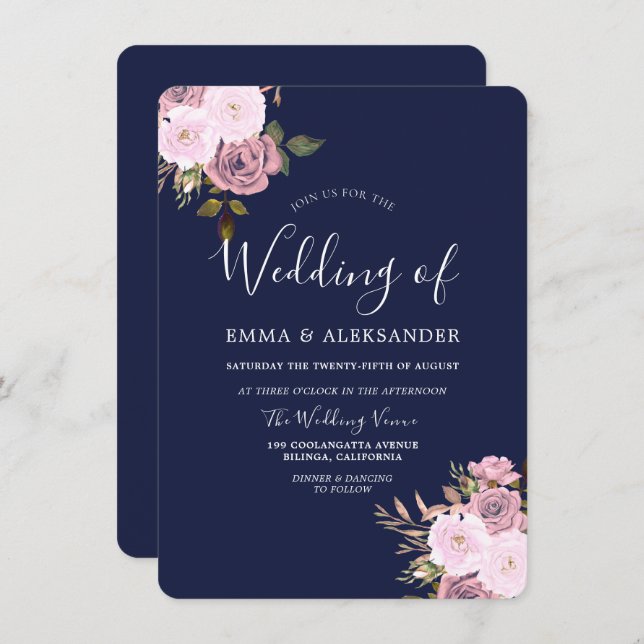 Navy Blue & Rose Gold Floral Wedding Invitation (Front/Back)