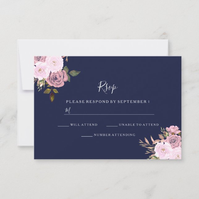 Navy Blue & Rose Gold Floral Wedding RSVP (Front)