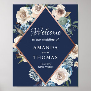 Navy Blue Rose Gold Floral Wedding Welcome Sign